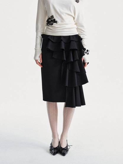 YOSHUYUKI Asymmetrical Lace Trim Black Straight Skirt