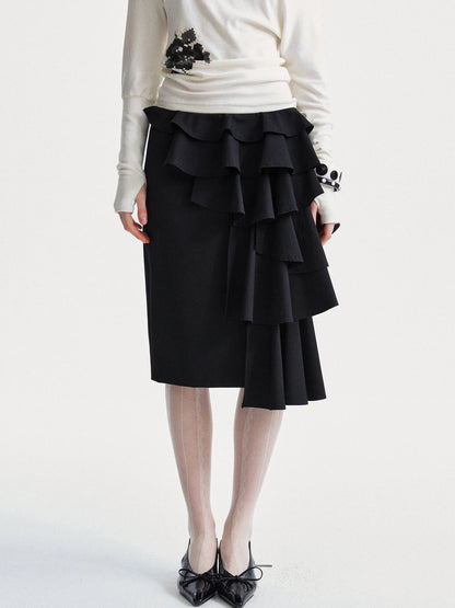 Asymmetrical Lace Trim Black Straight Skirt