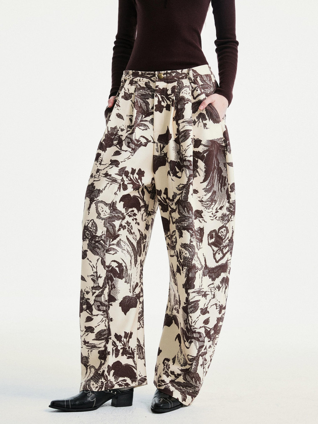 YOSHUYUKI Beige Floral Print Curved Cut Women&
