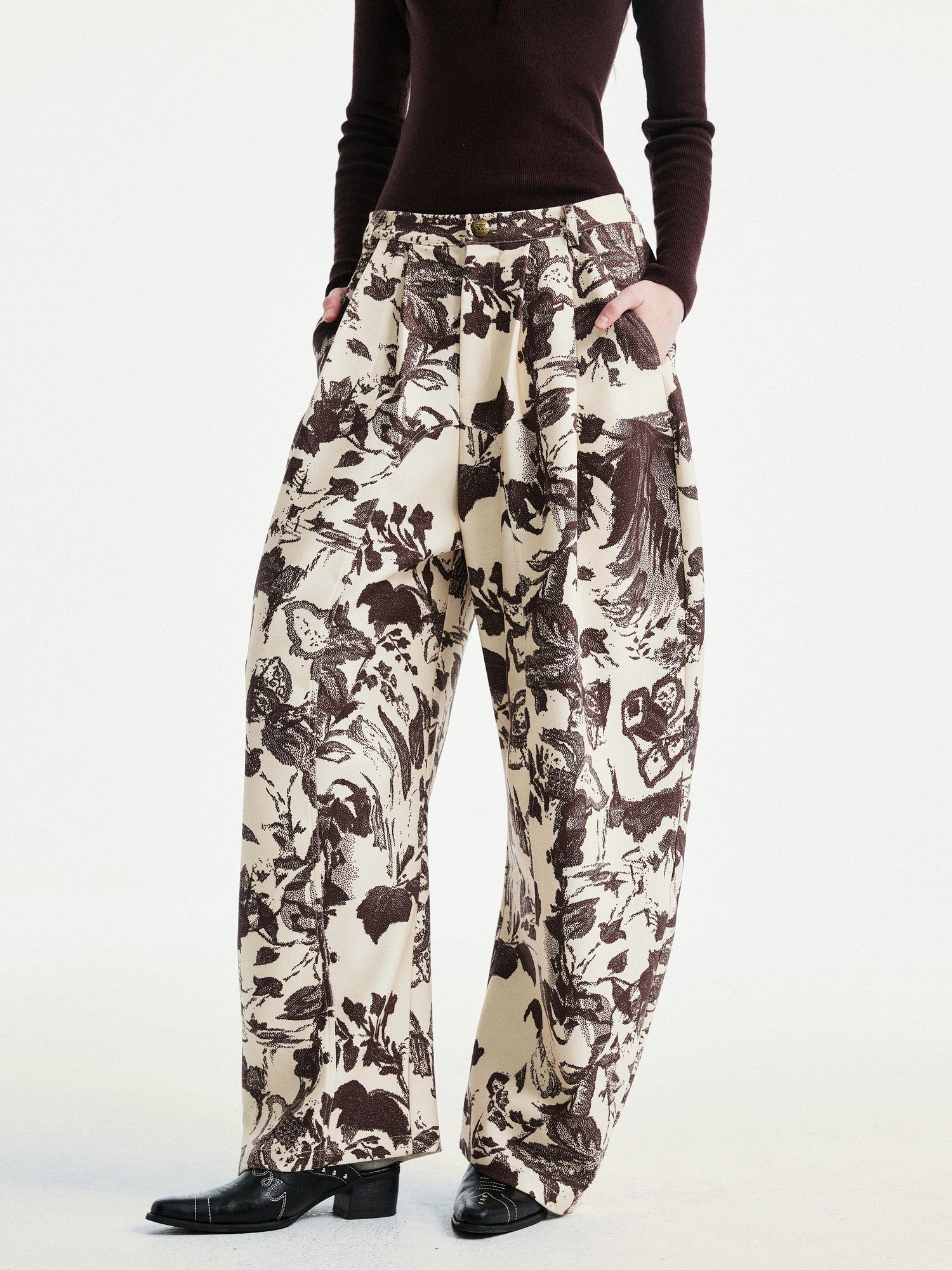 YOSHUYUKI Beige Floral Print Curved Cut Women&