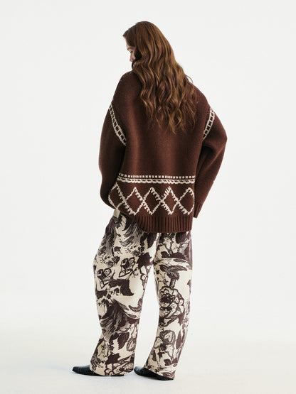 YOSHUYUKI Beige Floral Print Curved Cut Women&