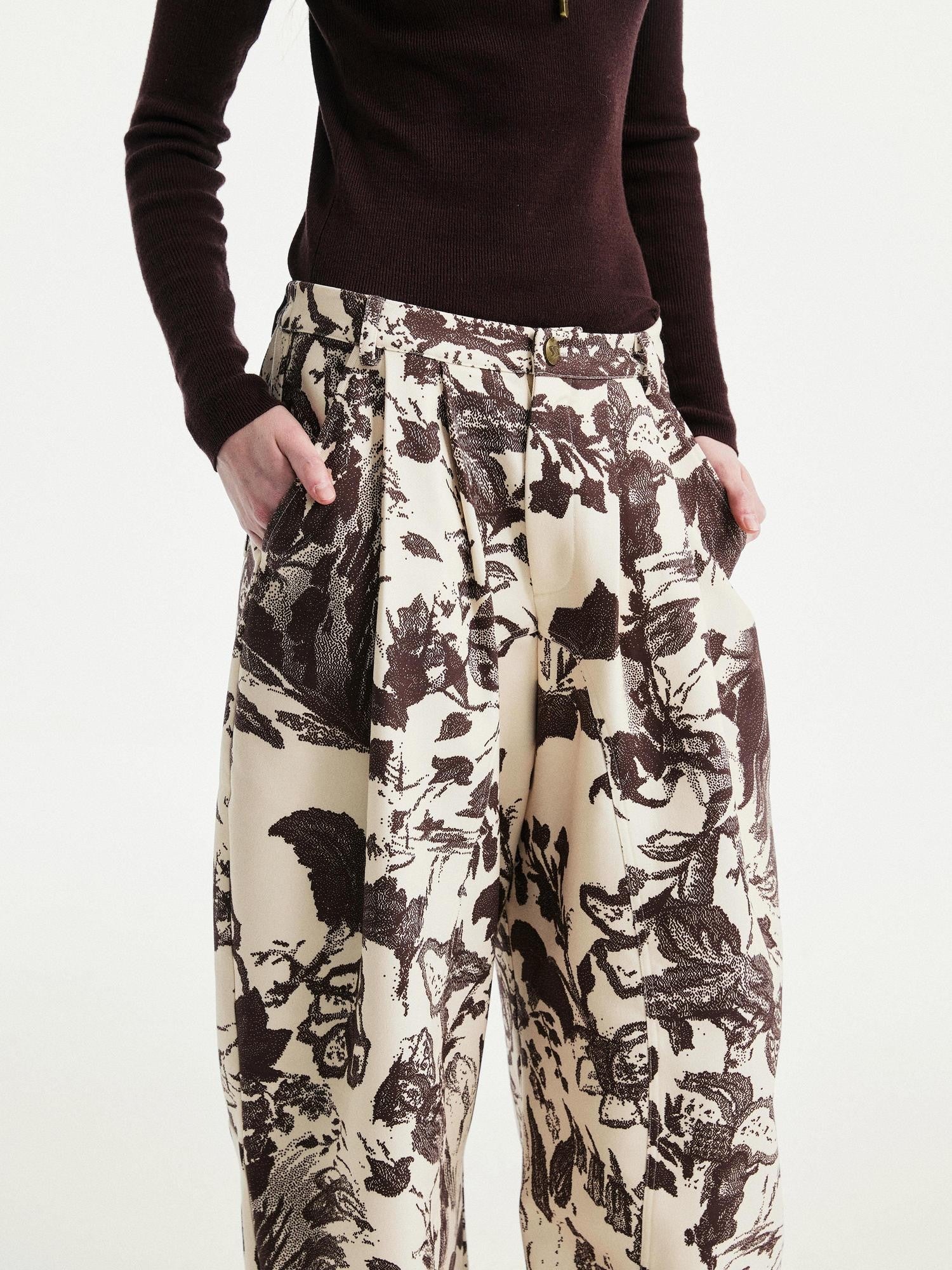 YOSHUYUKI Beige Floral Print Curved Cut Women&