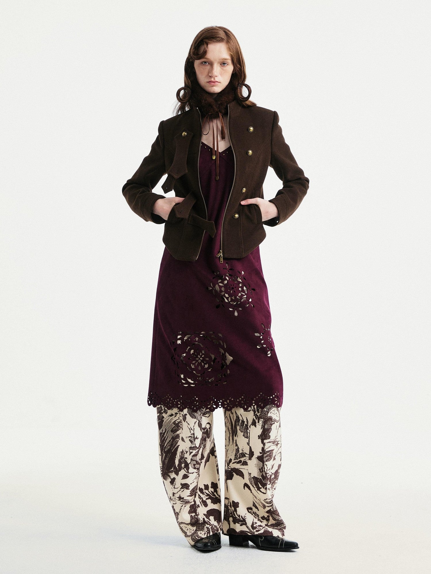 YOSHUYUKI Beige Floral Print Curved Cut Women&