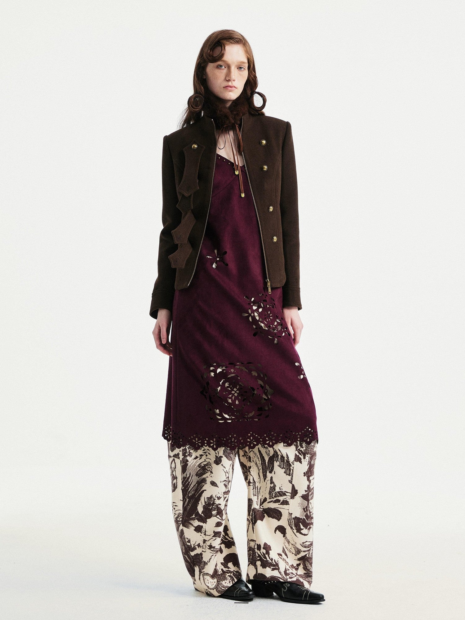 YOSHUYUKI Beige Floral Print Curved Cut Women&