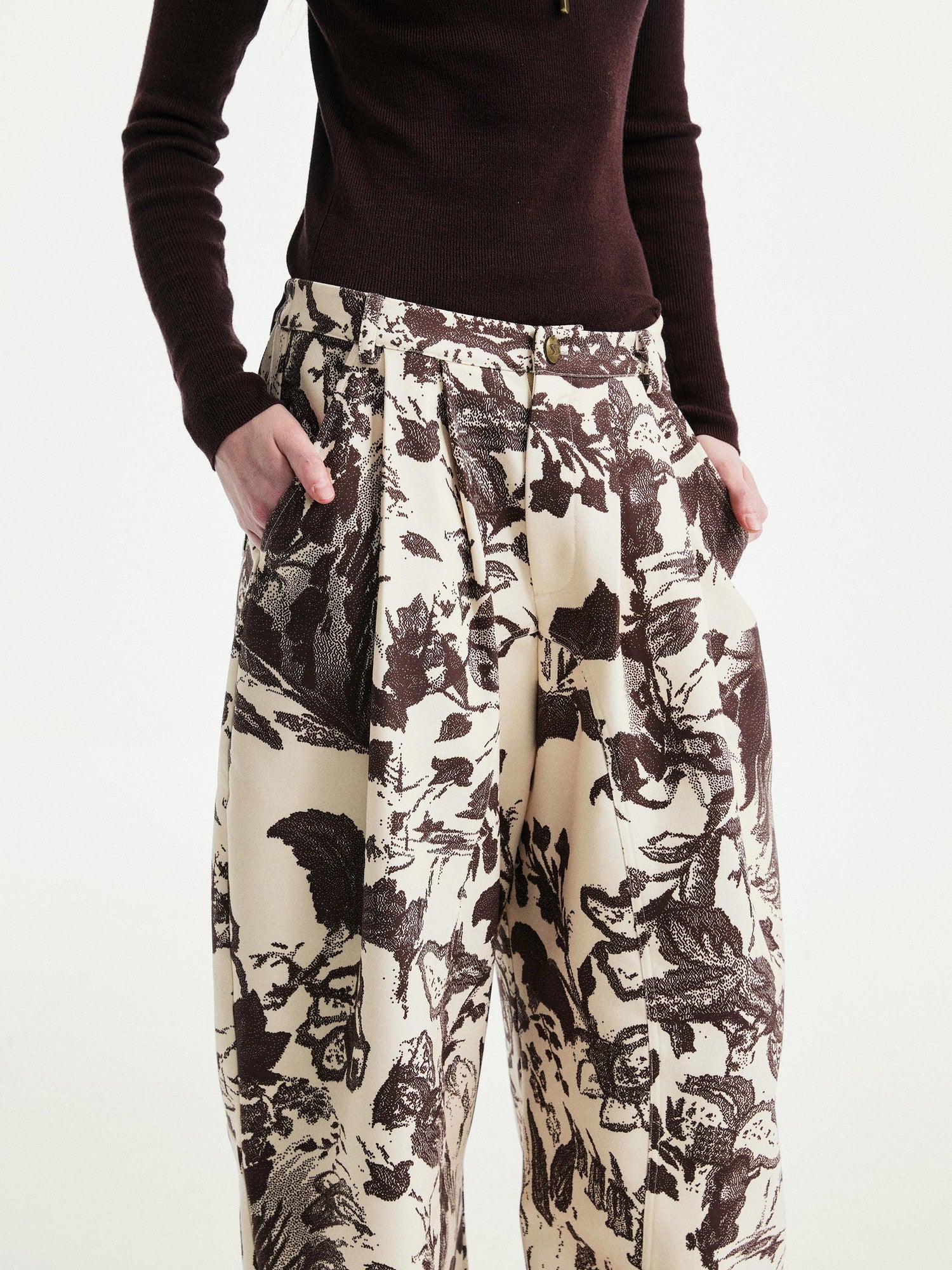 YOSHUYUKI Beige Floral Print Curved Cut Women&