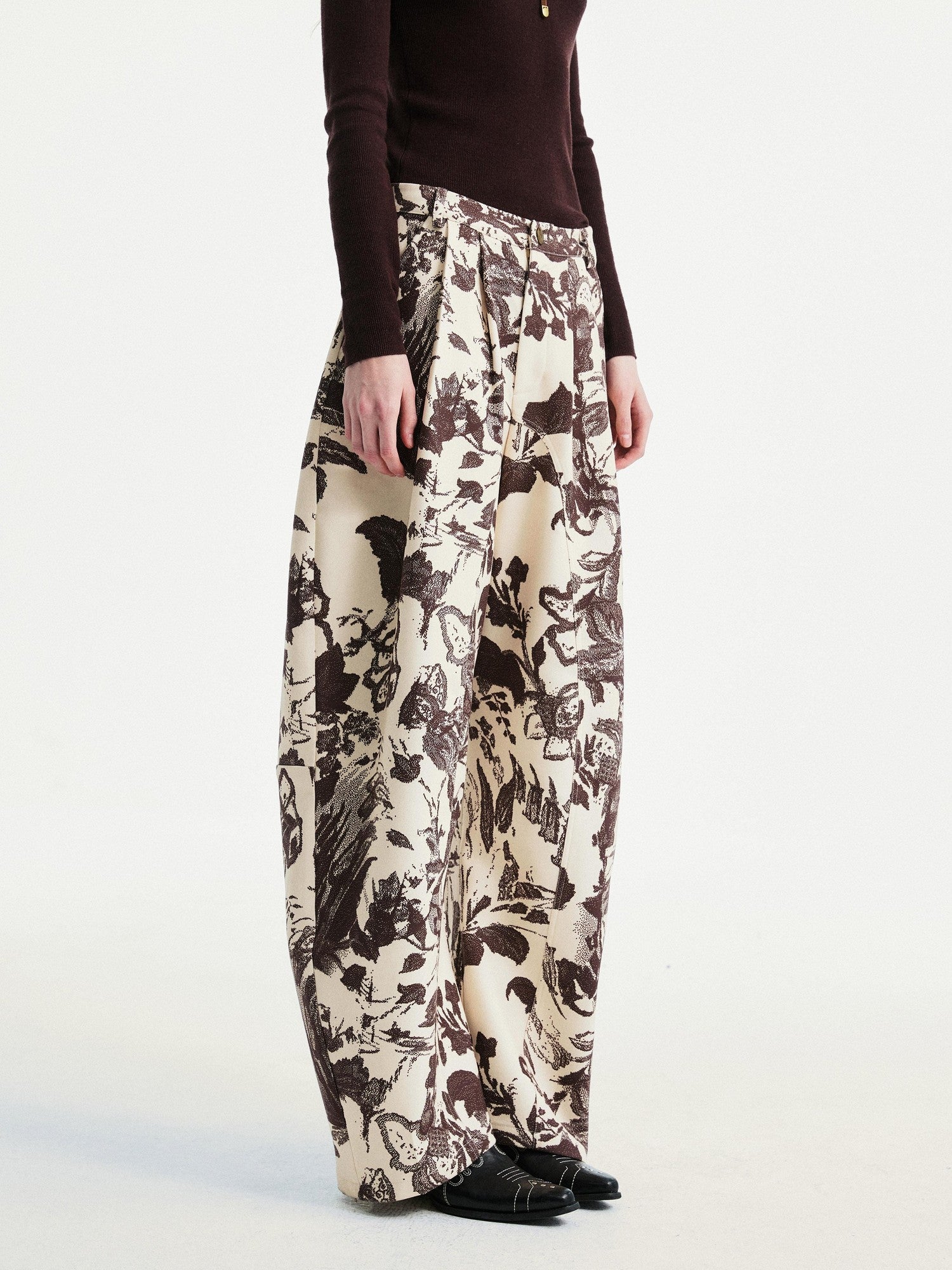 YOSHUYUKI Beige Floral Print Curved Cut Women&