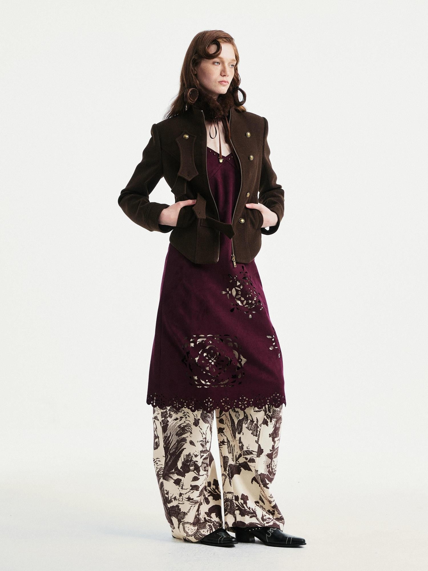 YOSHUYUKI Beige Floral Print Curved Cut Women&