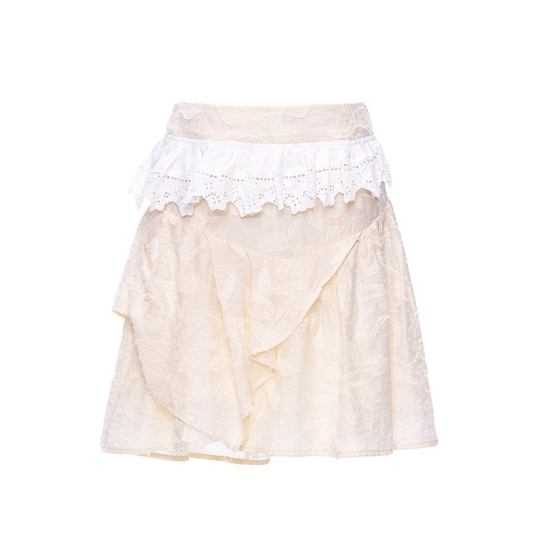 YOSHUYUKI_Beige_Jacquard_Lace_Ruffle_Irregular_Hem_A_Line_Women&