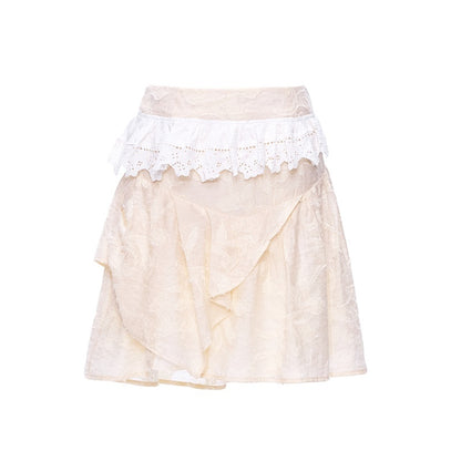 YOSHUYUKI_Beige_Jacquard_Lace_Ruffle_Irregular_Hem_A_Line_Women&