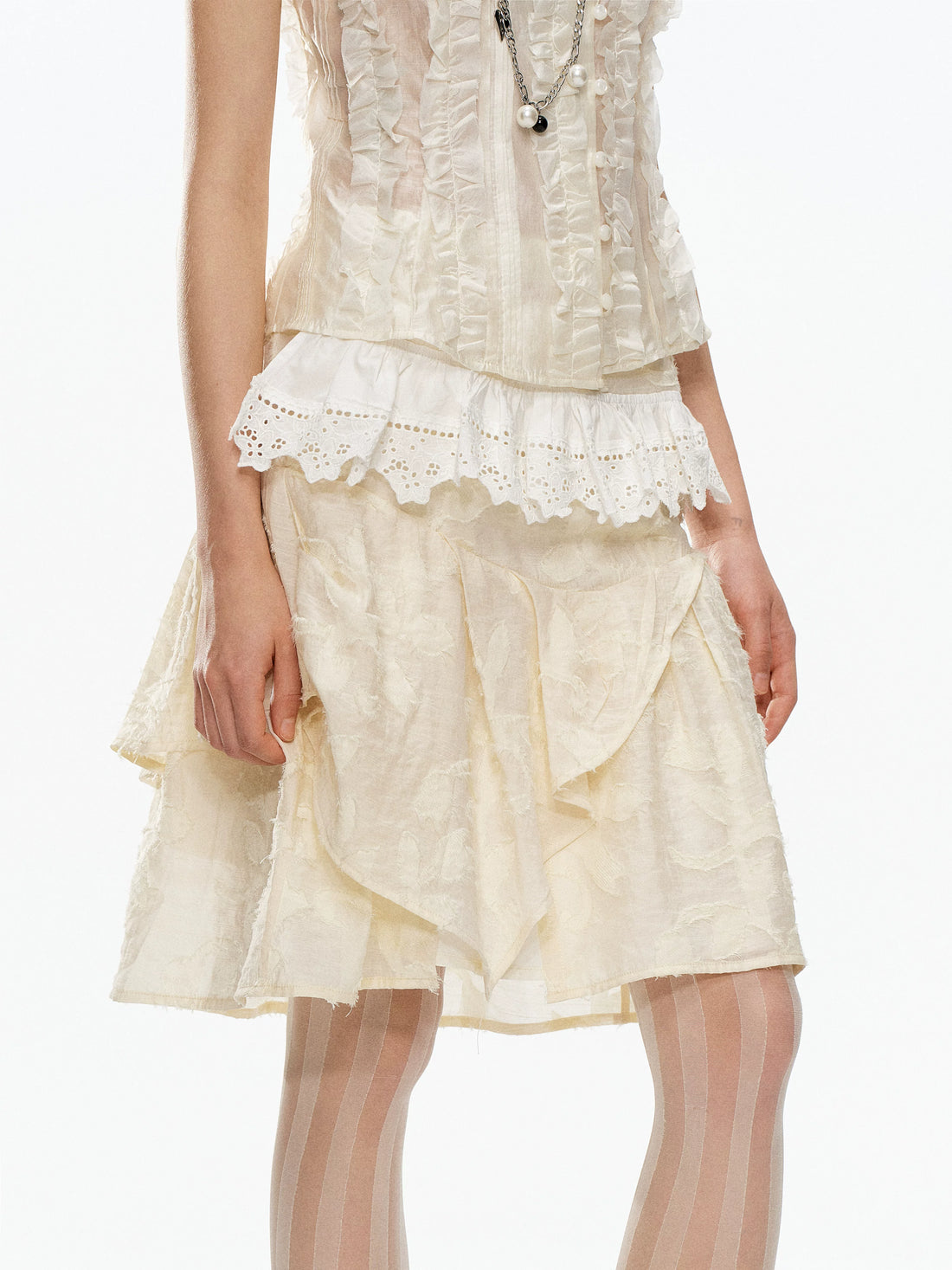 YOSHUYUKI Beige Jacquard Lace Ruffle Irregular Hem A Line Women&