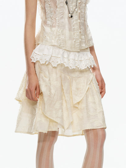 YOSHUYUKI Beige Jacquard Lace Ruffle Irregular Hem A Line Women&