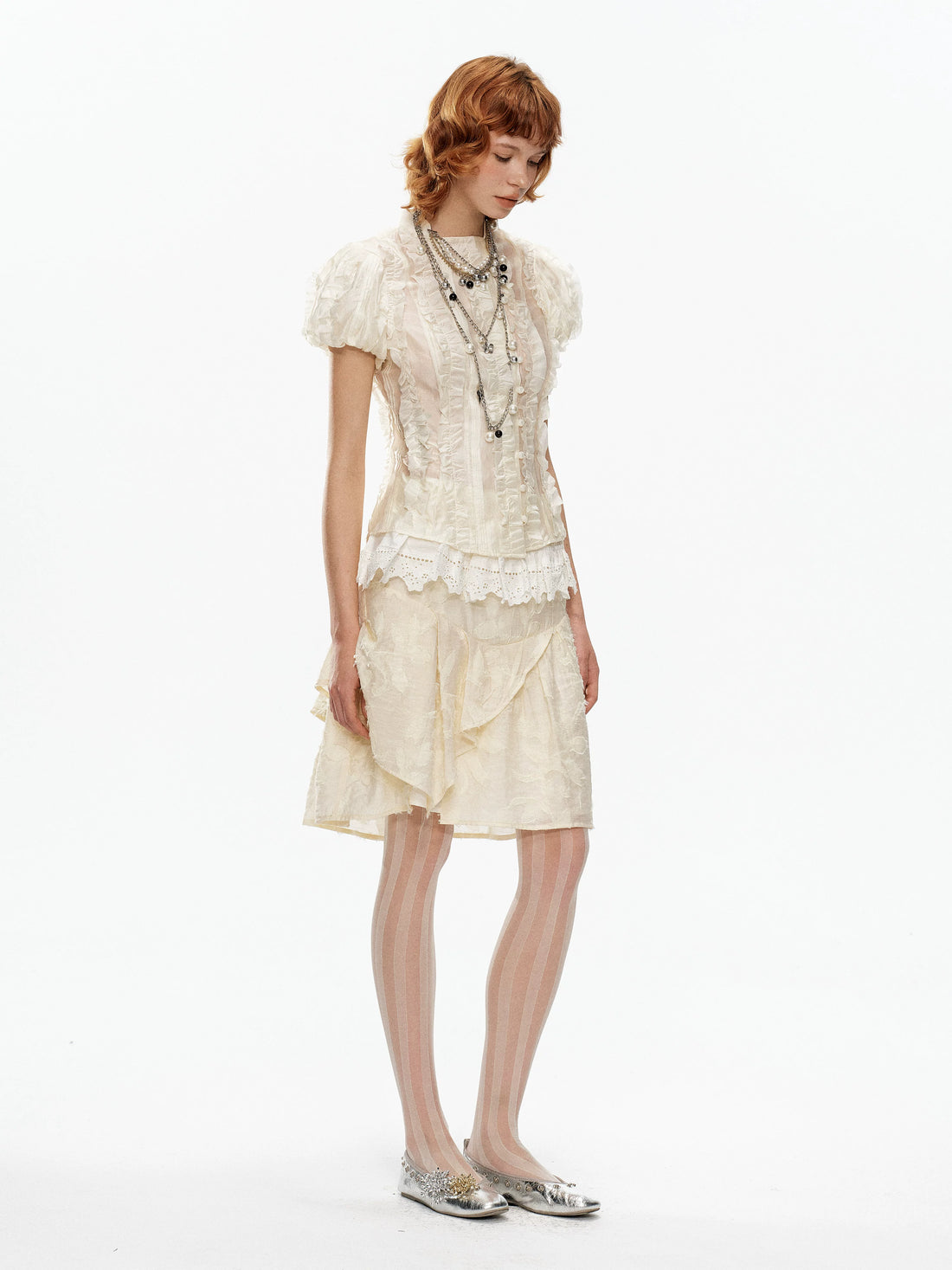 YOSHUYUKI Beige Jacquard Lace Ruffle Irregular Hem A Line Women&