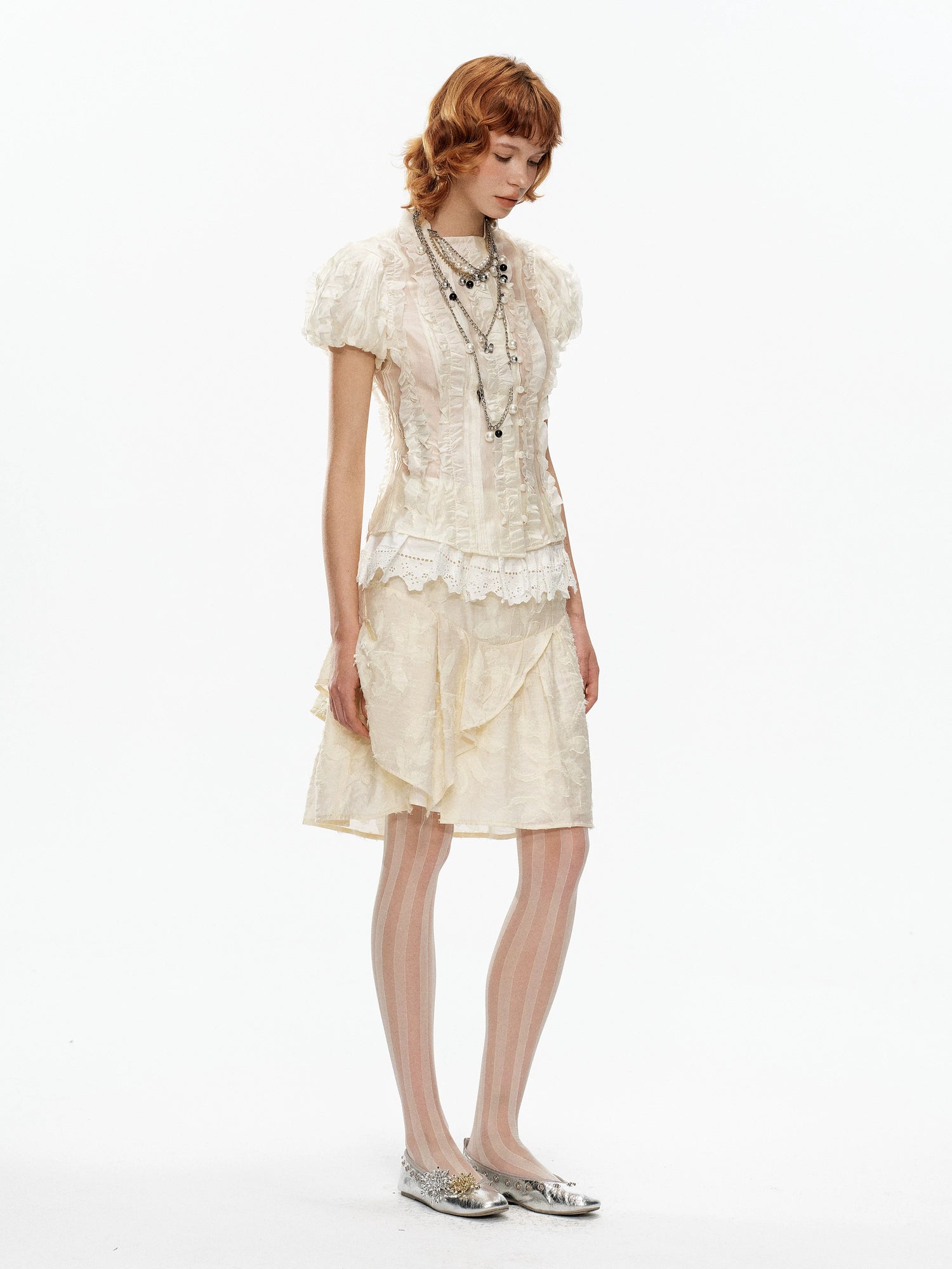 YOSHUYUKI Beige Jacquard Lace Ruffle Irregular Hem A Line Women&
