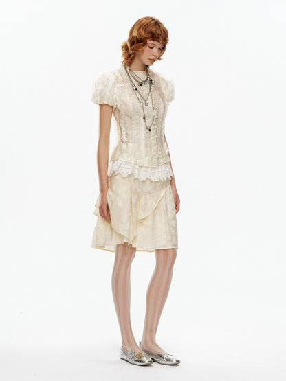 YOSHUYUKI Beige Jacquard Lace Ruffle Irregular Hem A Line Women&