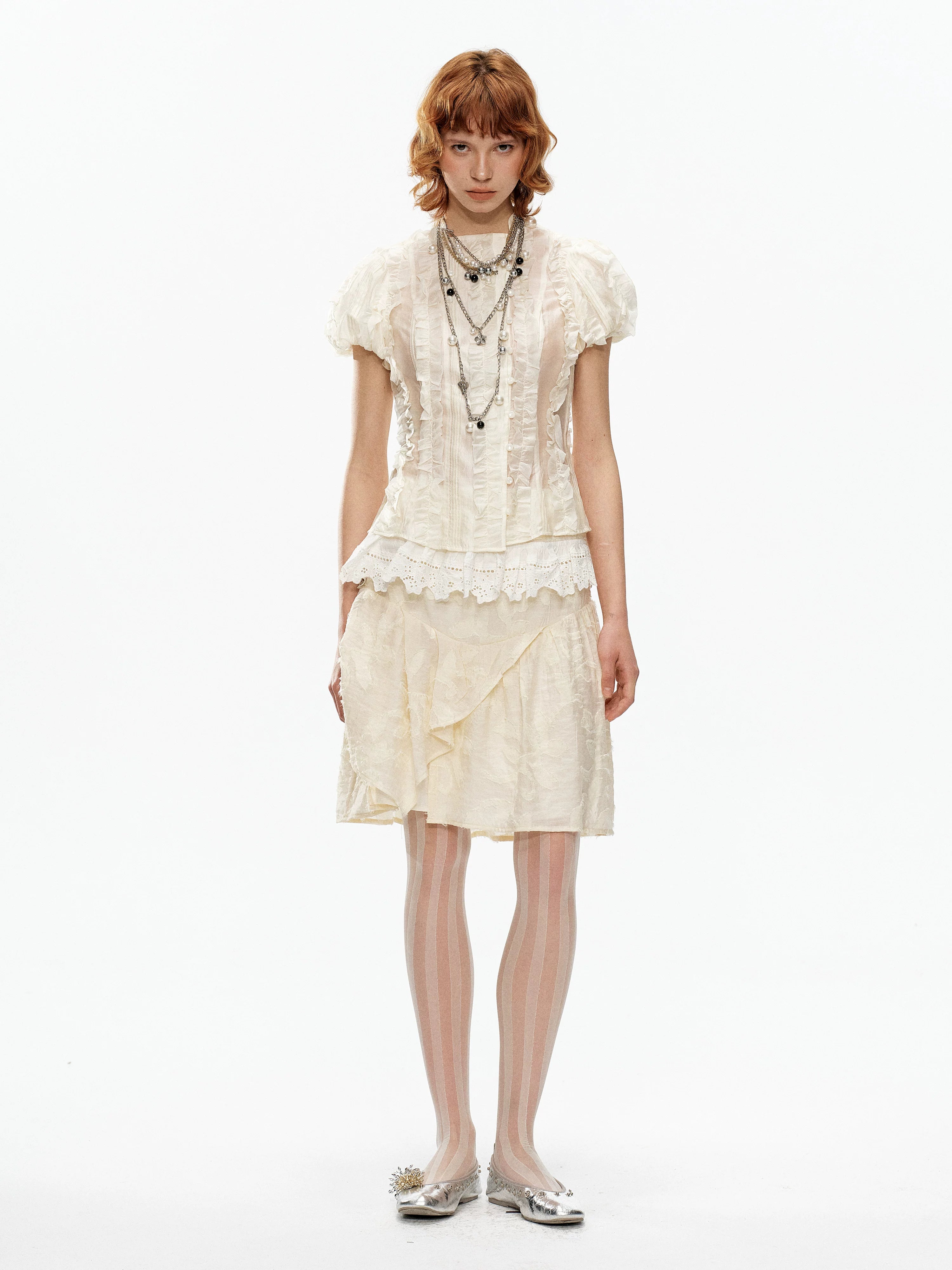 YOSHUYUKI Beige Jacquard Lace Ruffle Irregular Hem A Line Women&