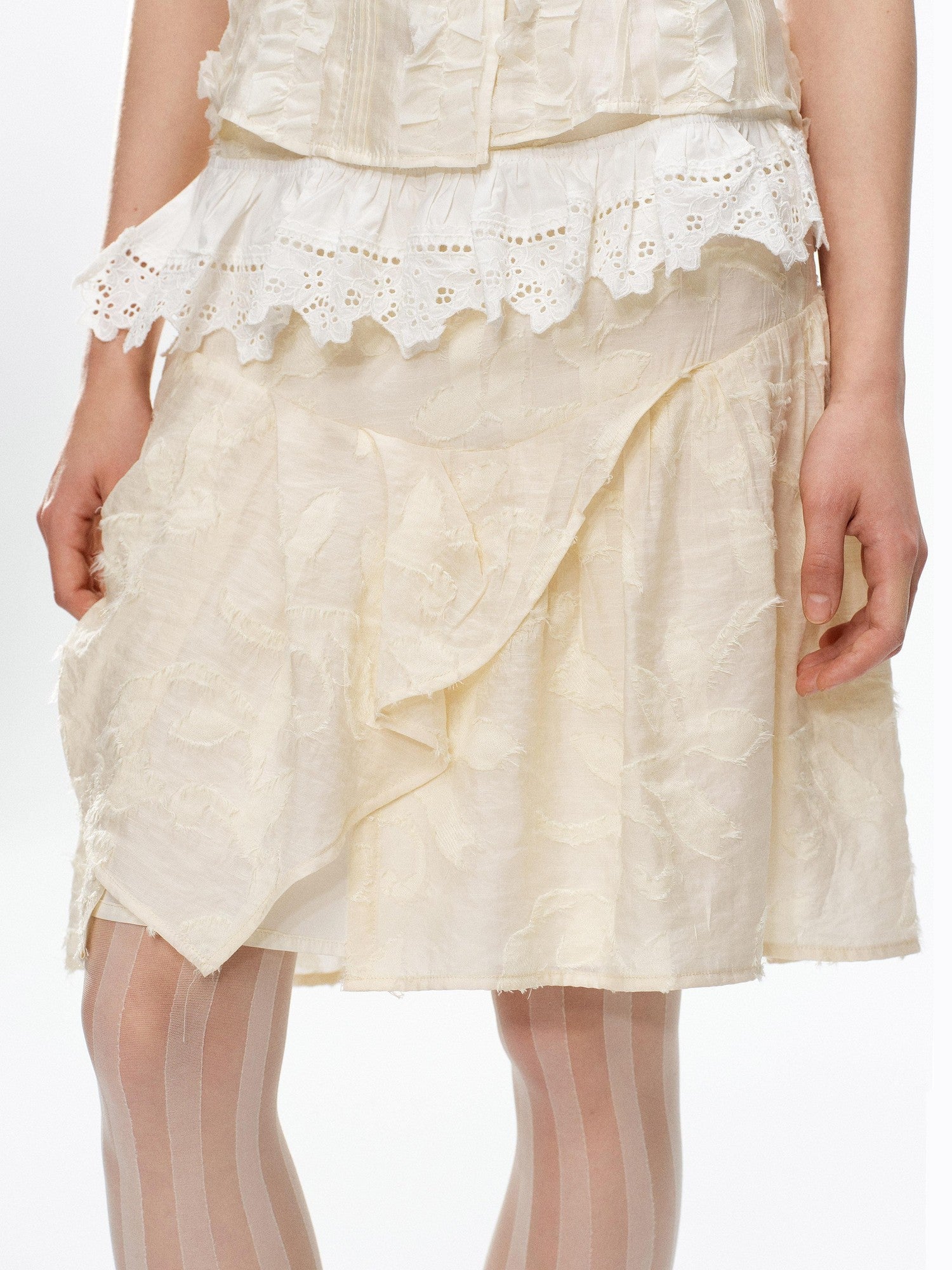 YOSHUYUKI Beige Jacquard Lace Ruffle Irregular Hem A Line Women&