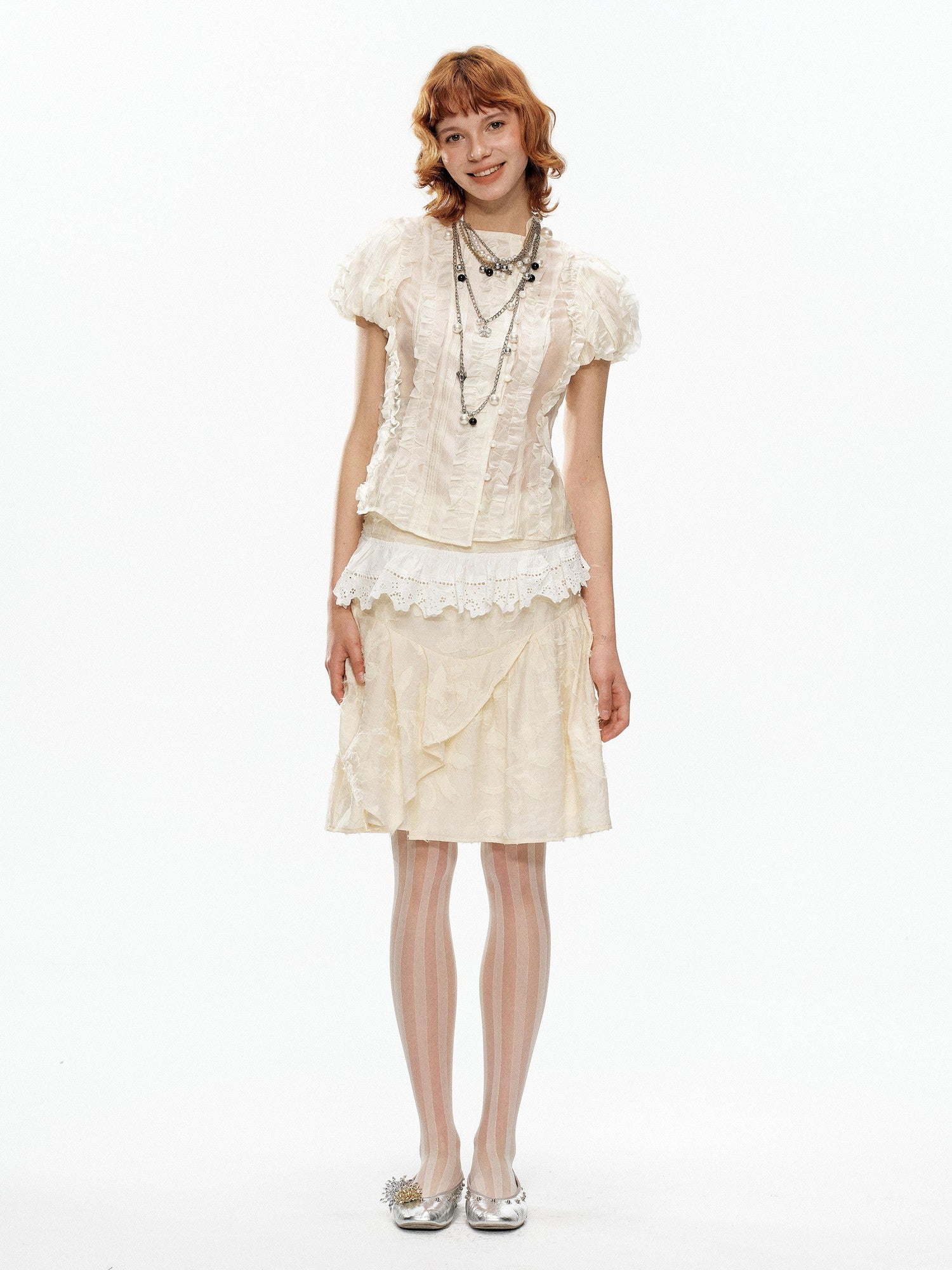 YOSHUYUKI Beige Jacquard Lace Ruffle Irregular Hem A Line Women&