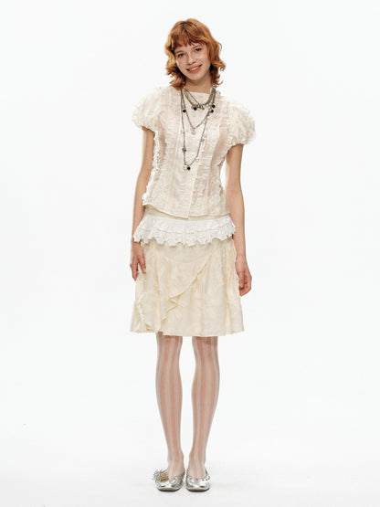 YOSHUYUKI Beige Jacquard Lace Ruffle Irregular Hem A Line Women&