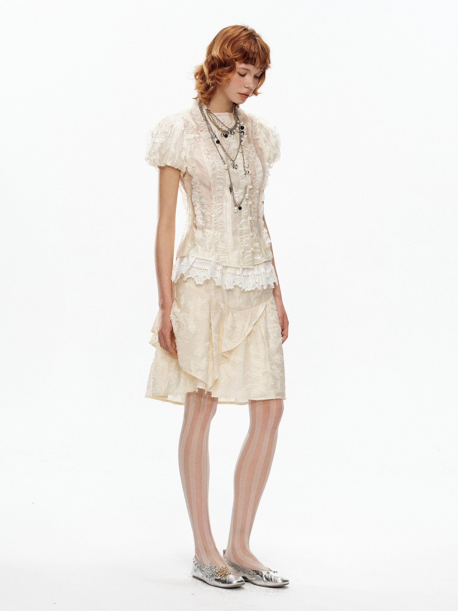 YOSHUYUKI Beige Jacquard Lace Ruffle Irregular Hem A Line Women&