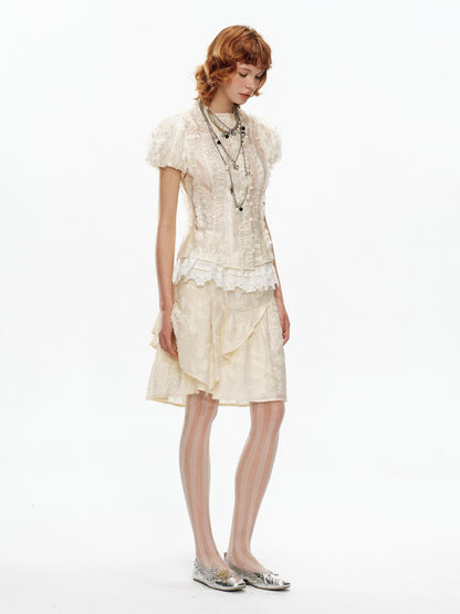 YOSHUYUKI Beige Jacquard Lace Ruffle Irregular Hem A Line Women&
