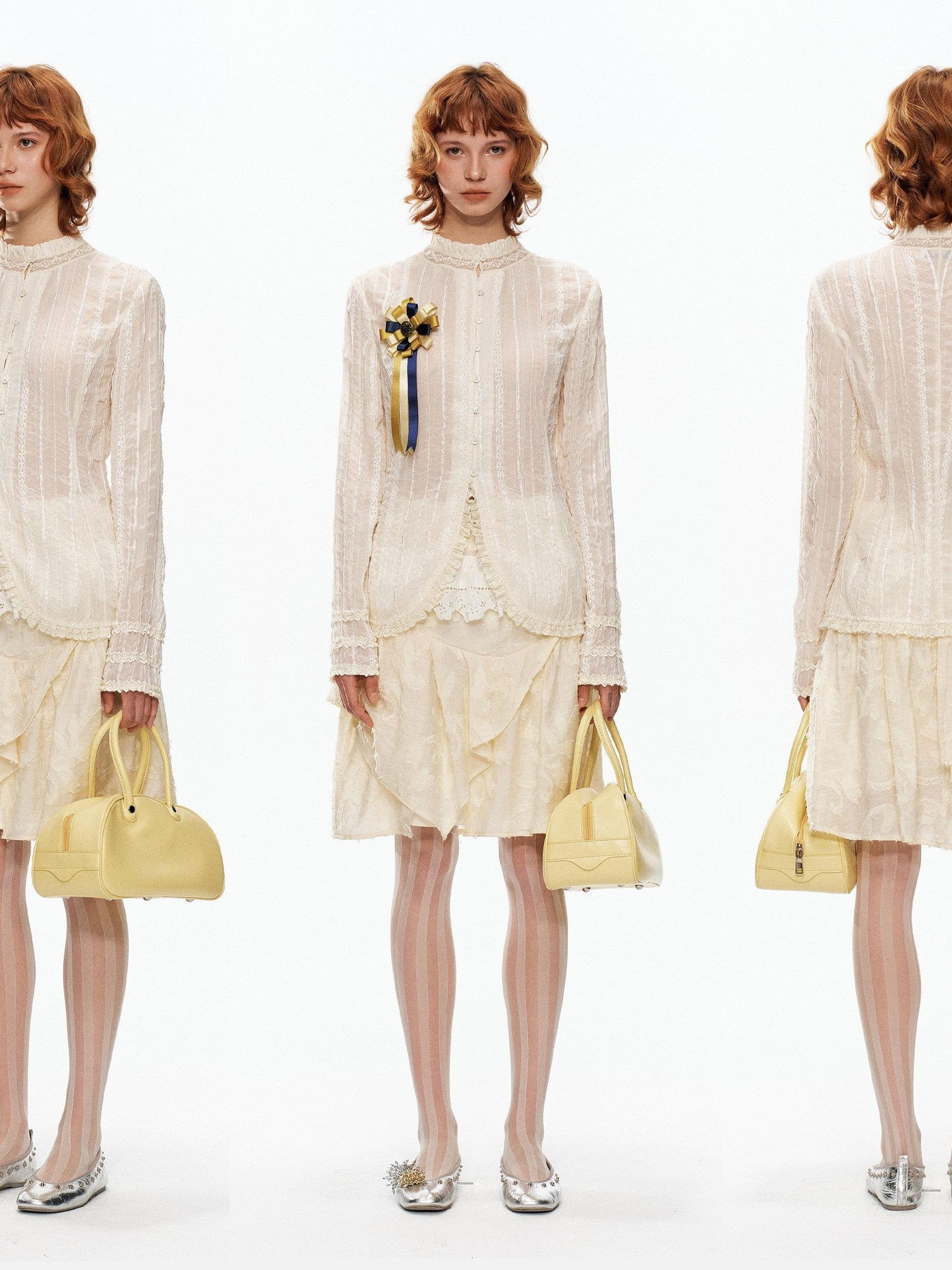 YOSHUYUKI Beige Jacquard Lace Ruffle Irregular Hem A Line Women&