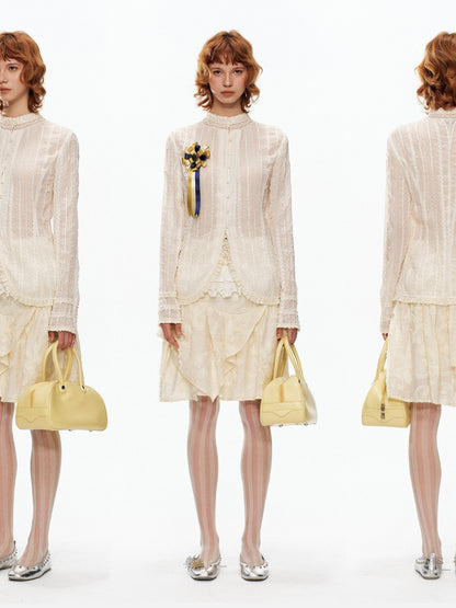 YOSHUYUKI Beige Jacquard Lace Ruffle Irregular Hem A Line Women&