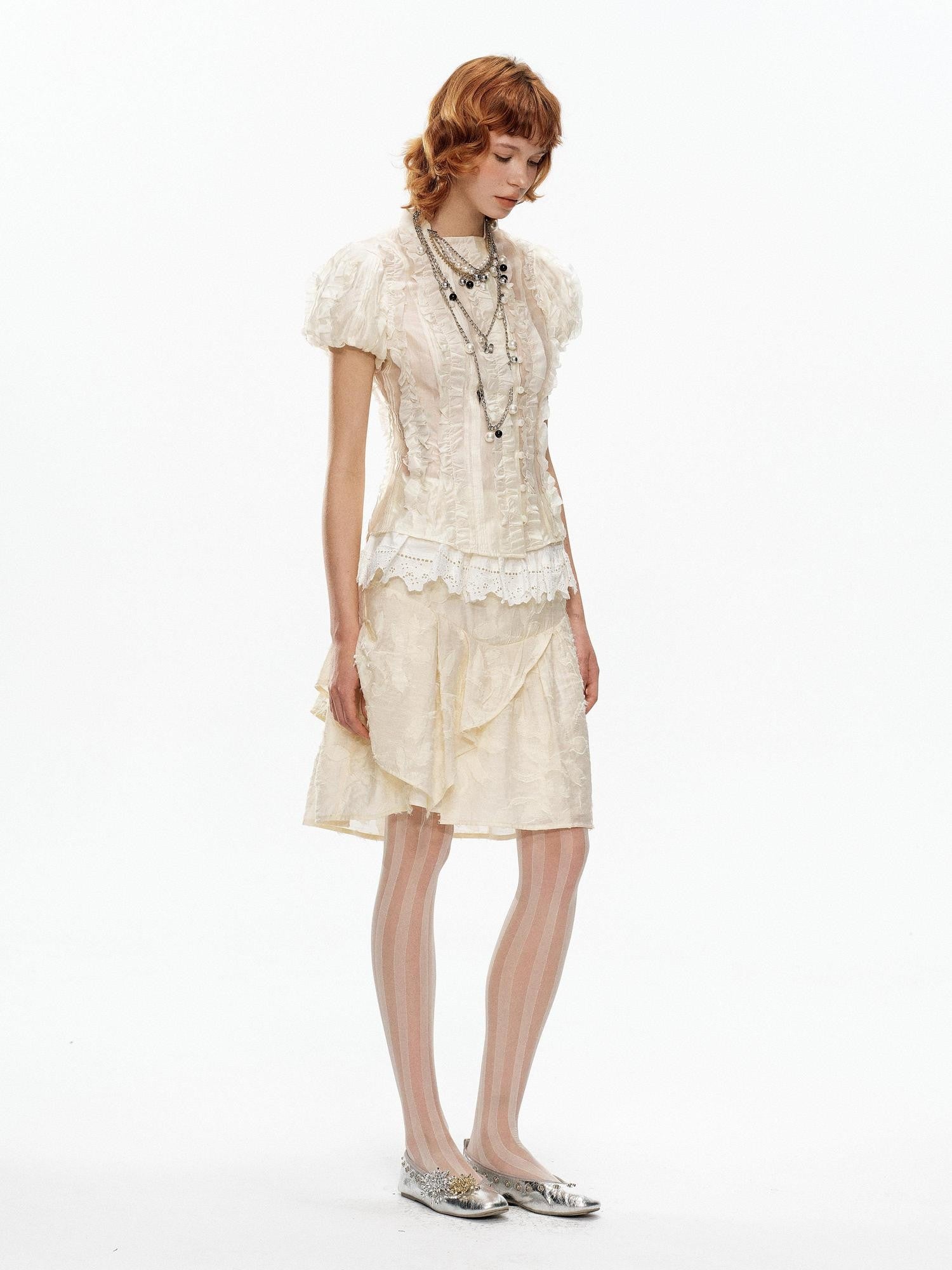 YOSHUYUKI Beige Jacquard Lace Ruffle Irregular Hem A Line Women&