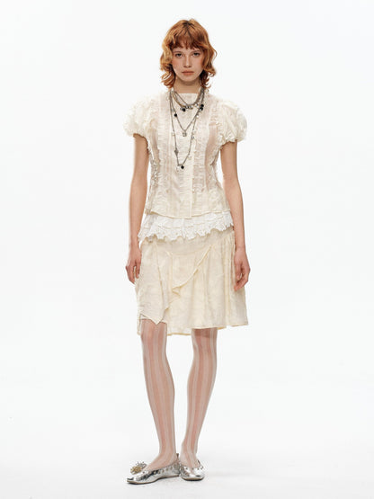 YOSHUYUKI Beige Jacquard Lace Ruffle Irregular Hem A Line Women&