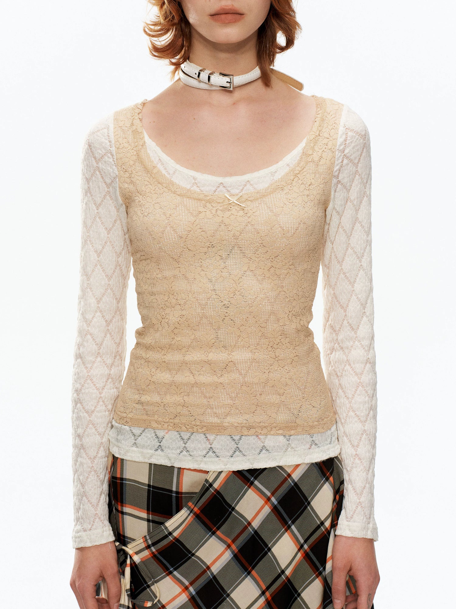 YOSHUYUKI Beige Lace Faux Two Piece Women&