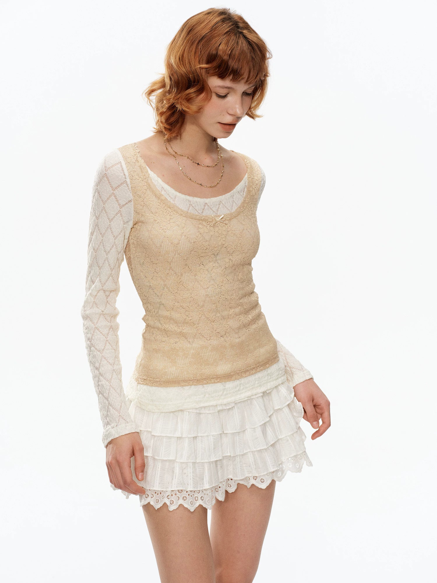 YOSHUYUKI Beige Lace Faux Two Piece Women&