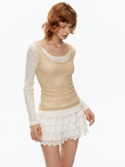 YOSHUYUKI Beige Lace Faux Two Piece Women&