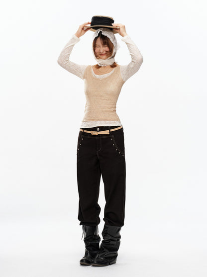 YOSHUYUKI Beige Lace Faux Two Piece Women&