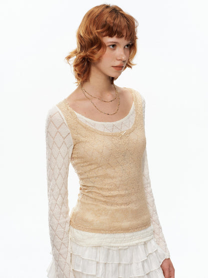 YOSHUYUKI Beige Lace Faux Two Piece Women&