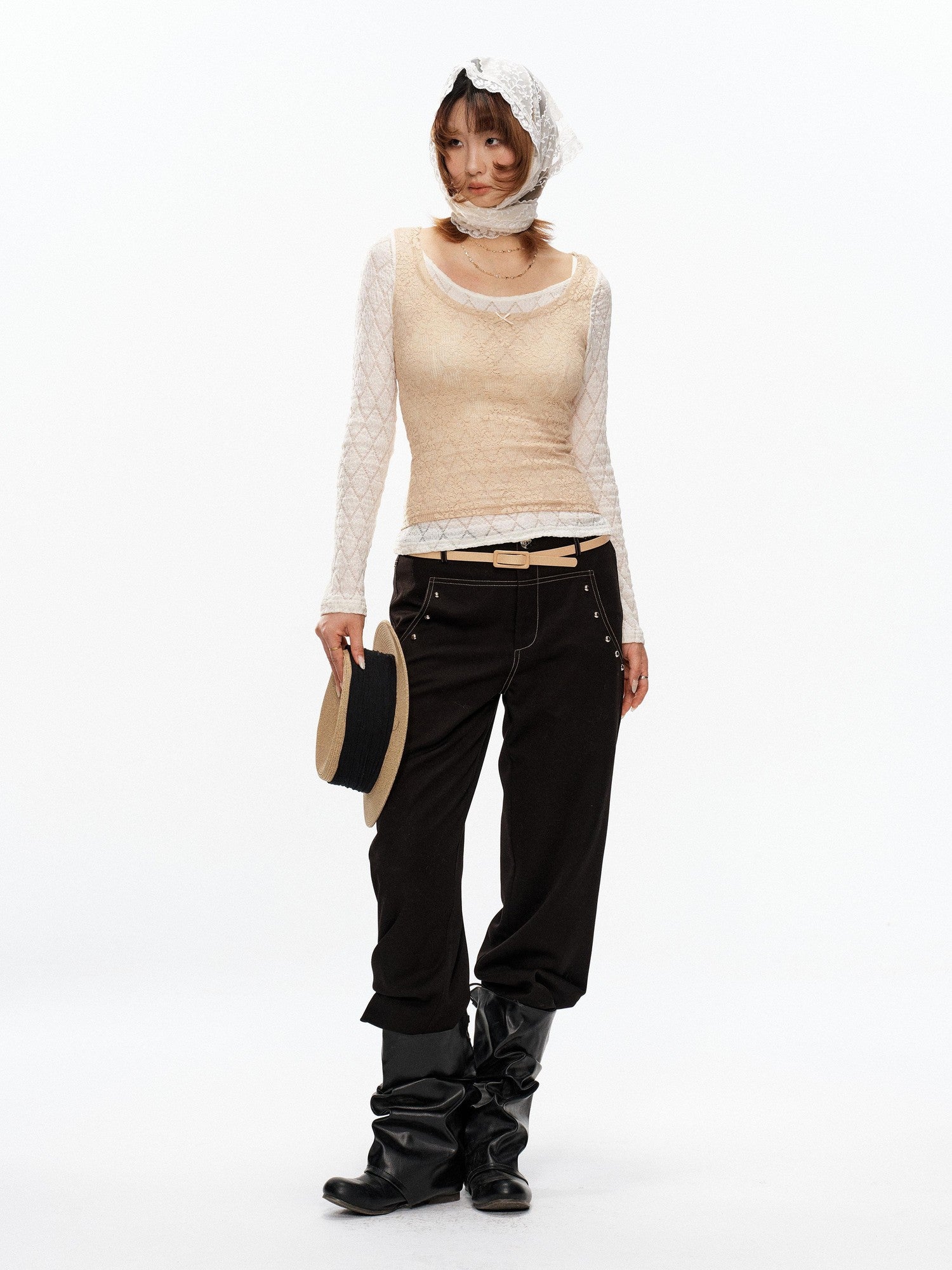 YOSHUYUKI Beige Lace Faux Two Piece Women&