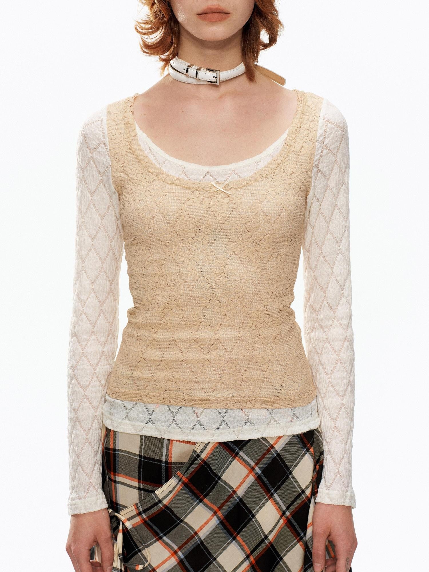 YOSHUYUKI Beige Lace Faux Two Piece Women&