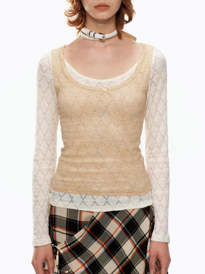 YOSHUYUKI Beige Lace Faux Two Piece Women&