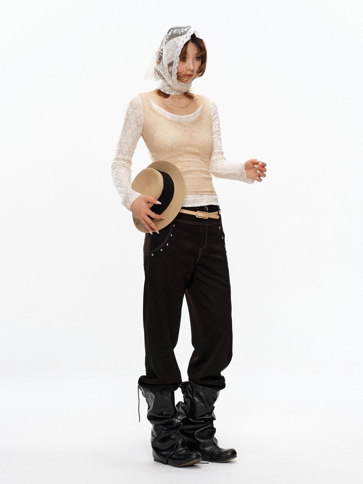 YOSHUYUKI Beige Lace Faux Two Piece Women&