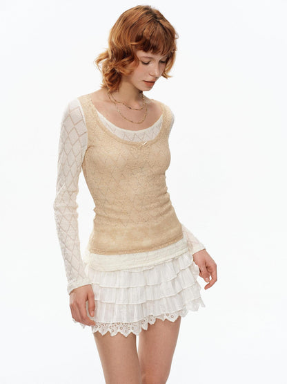 YOSHUYUKI Beige Lace Faux Two Piece Women&