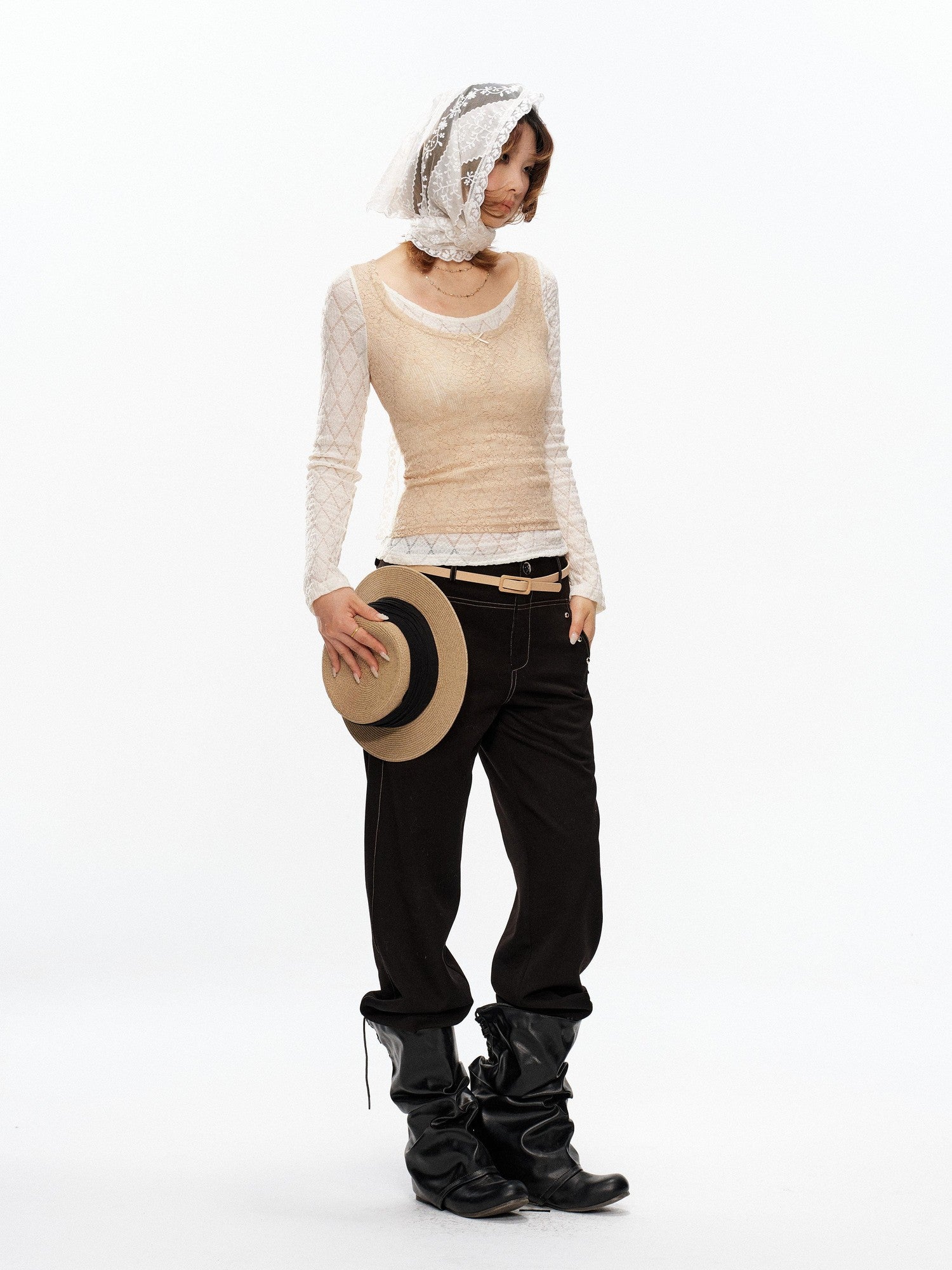 YOSHUYUKI Beige Lace Faux Two Piece Women&