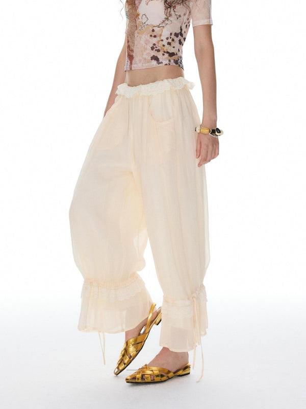 Beige Lace Hem Drawstring Lantern Women's Lyocell Wide-leg Pants