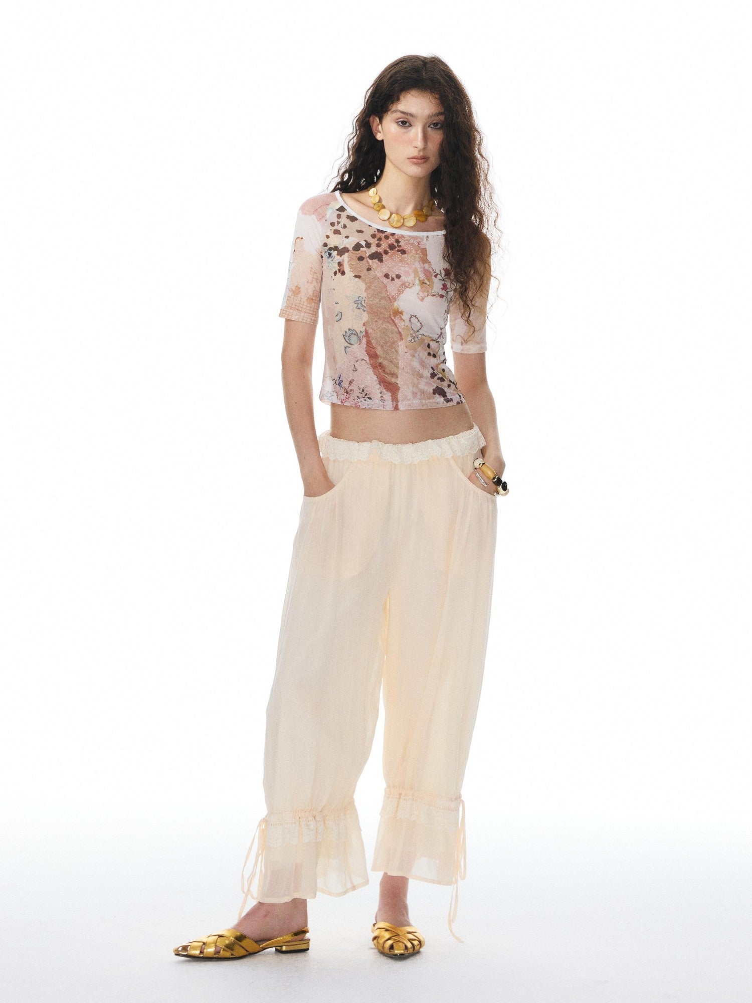 YOSHUYUKI Beige Lace Hem Drawstring Lantern Women&