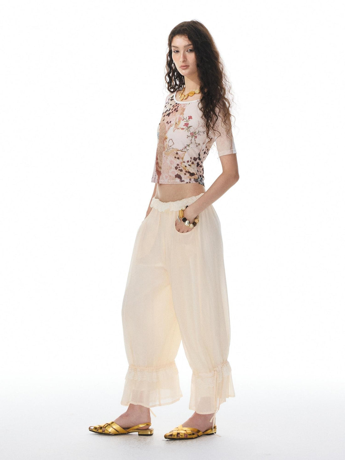 YOSHUYUKI Beige Lace Hem Drawstring Lantern Women&