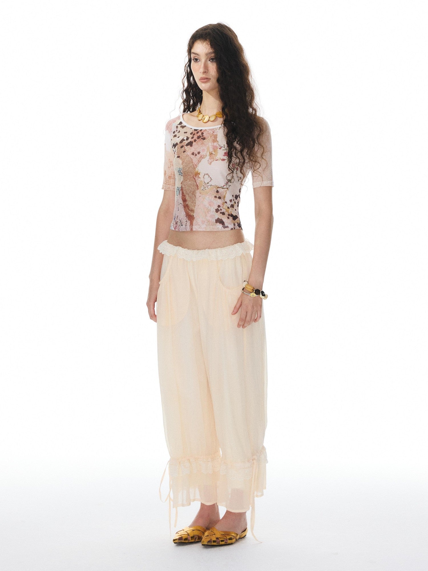 YOSHUYUKI Beige Lace Hem Drawstring Lantern Women&