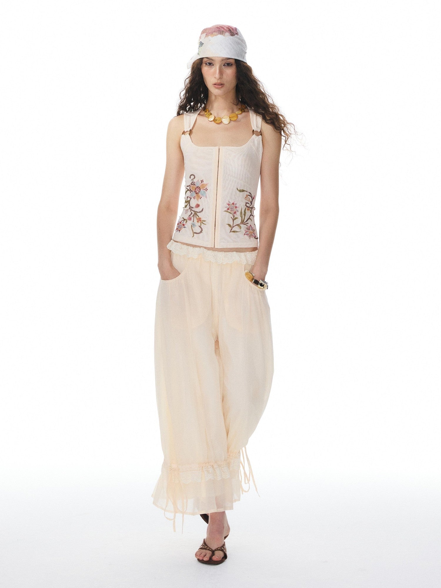 YOSHUYUKI Beige Lace Hem Drawstring Lantern Women&