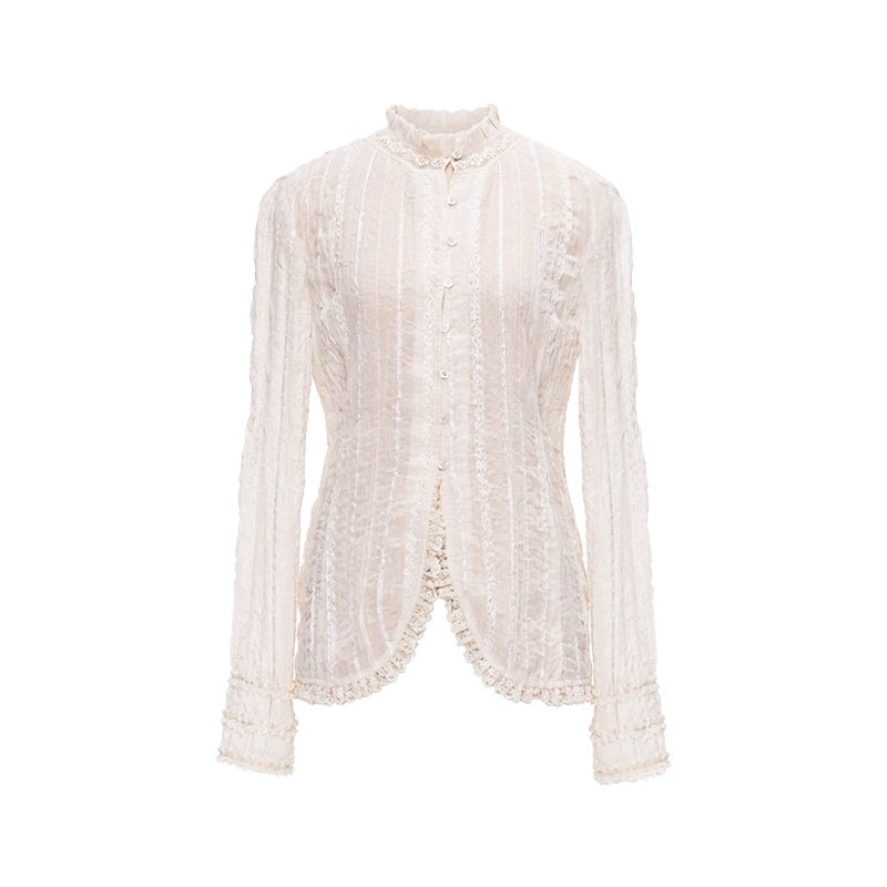 YOSHUYUKI_Beige_Pleated_Texture_Lace_Spliced_Open_Front_Vintage_Court_Women&