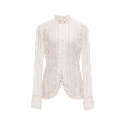 YOSHUYUKI_Beige_Pleated_Texture_Lace_Spliced_Open_Front_Vintage_Court_Women&