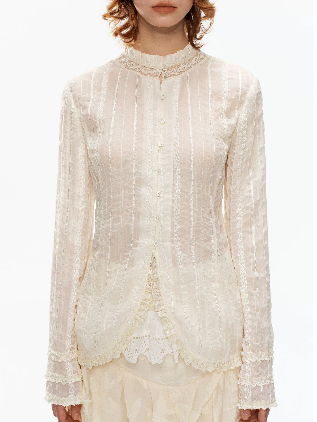 YOSHUYUKI Beige Pleated Texture Lace Spliced Open Front Vintage Court Women&