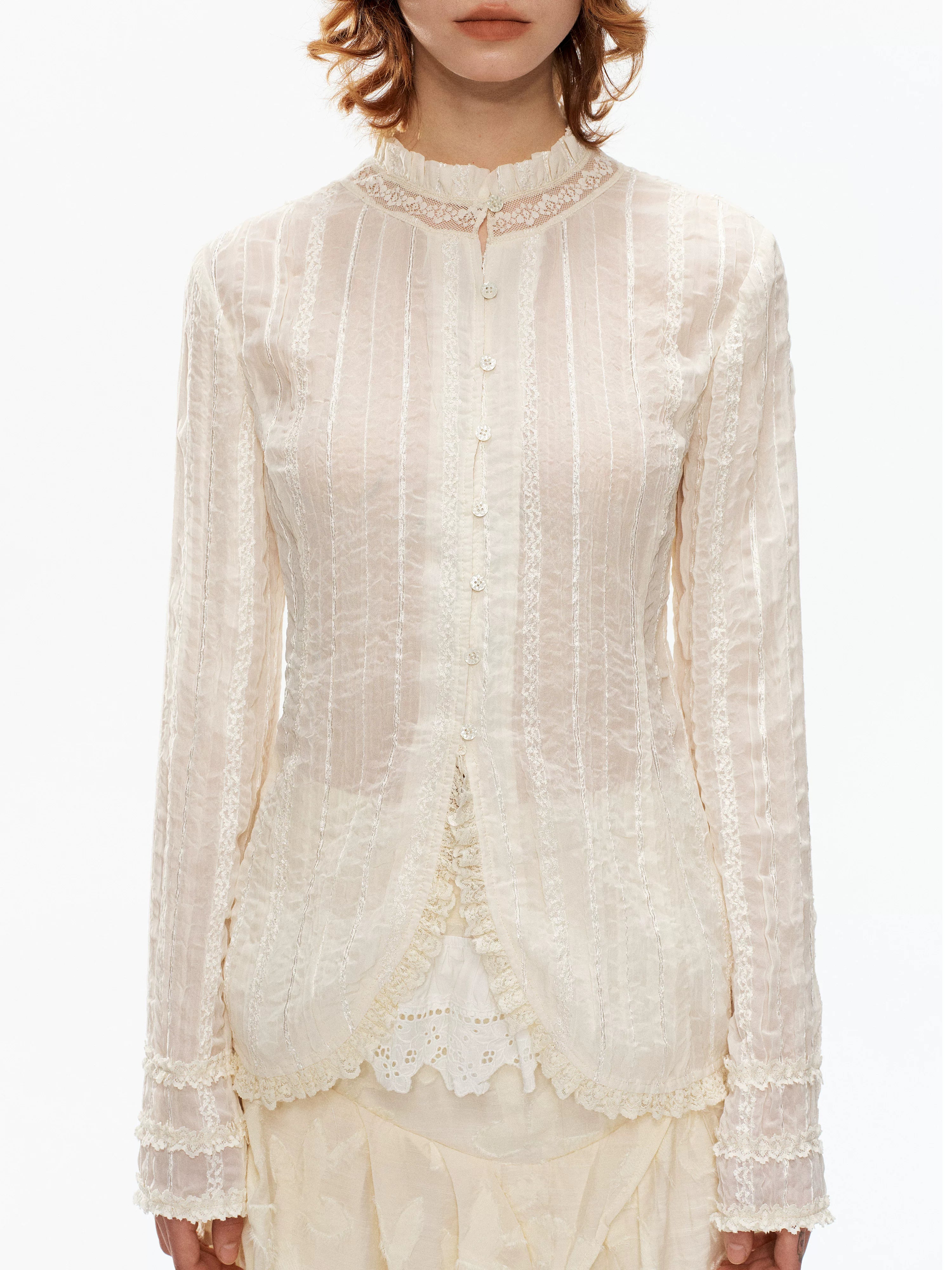 YOSHUYUKI Beige Pleated Texture Lace Spliced Open Front Vintage Court Women&
