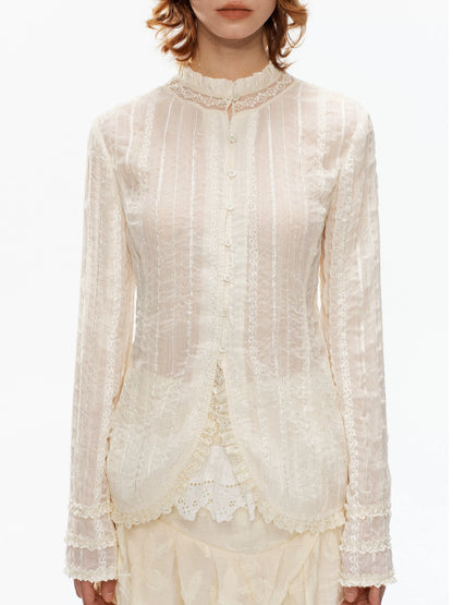 YOSHUYUKI Beige Pleated Texture Lace Spliced Open Front Vintage Court Women&