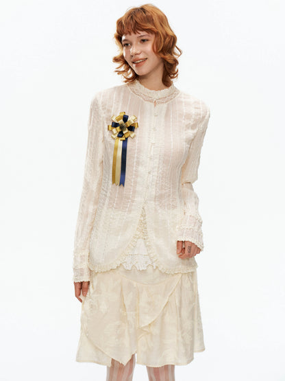 YOSHUYUKI Beige Pleated Texture Lace Spliced Open Front Vintage Court Women&